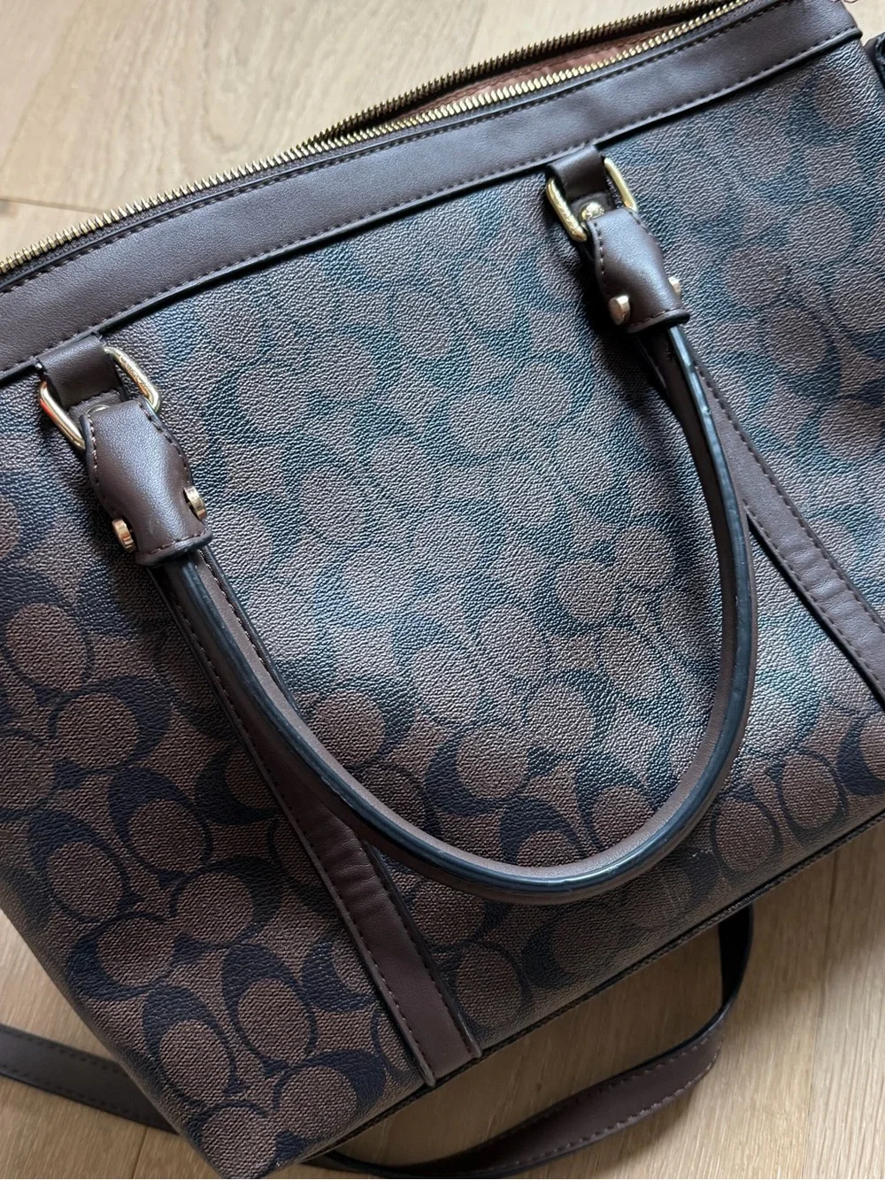Coach Brown Signature Canvas Satchel with Dark Brown Leather Trim